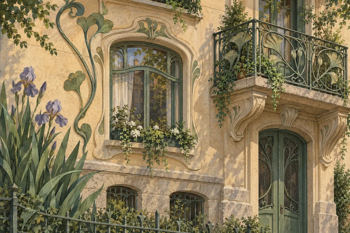 Ilustracja wymyślonej kamienicy z roślinnymi zdobieniami, falistymi liniami, ozdobnym oknem i metalową balustradą.