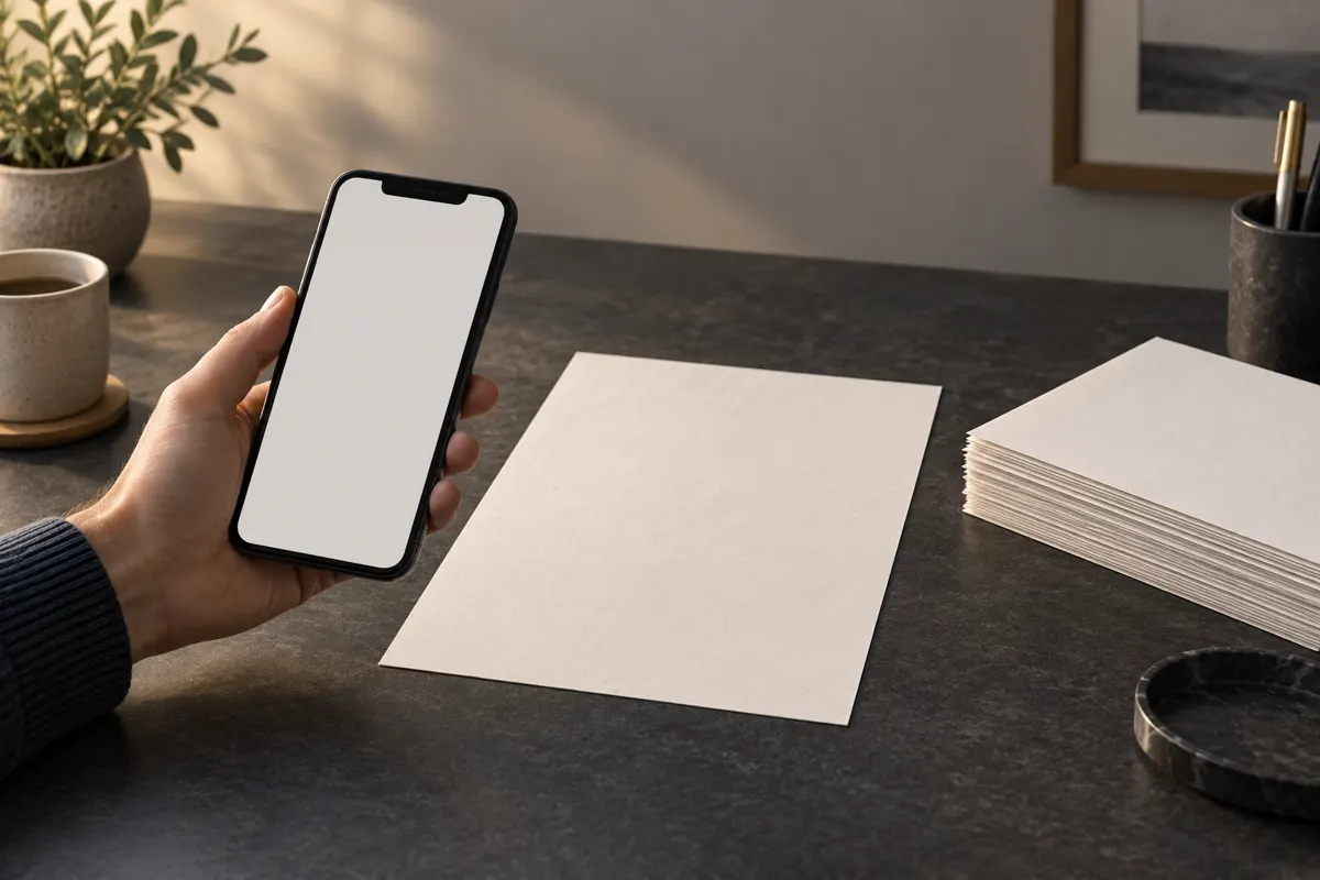 Ilustracja telefonu fotografującego kartkę dokumentu na równym stole.